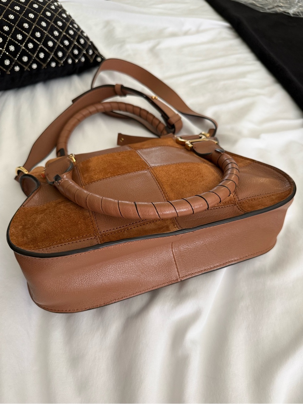 The Chloé Marcie Leather & Suede Patchwork Satchel in Dusty Tan NWT - Picture 11 of 17